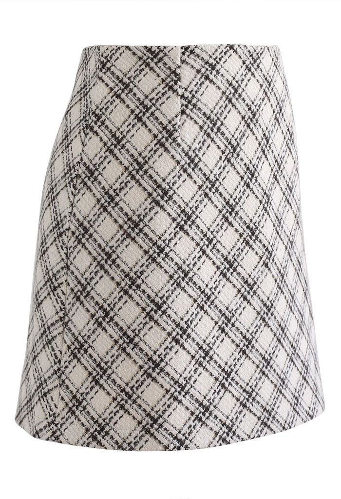 Plaid Pattern Tweed Mini Bud Skirt in Ivory