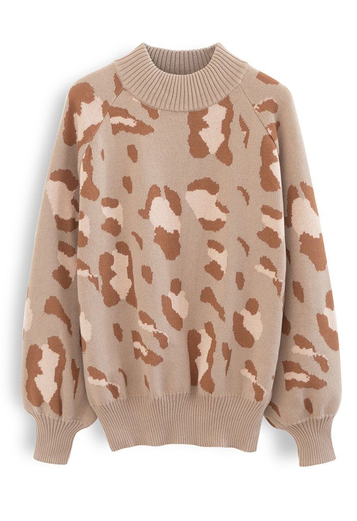 High Neck Irregular Print Ribbed Knit Sweater in Taupe