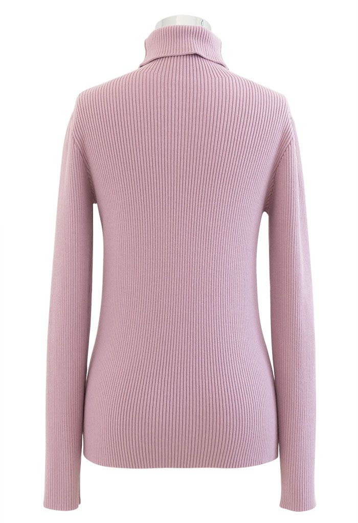 Turtleneck Long Sleeve Ribbed Knit Top in Lilac