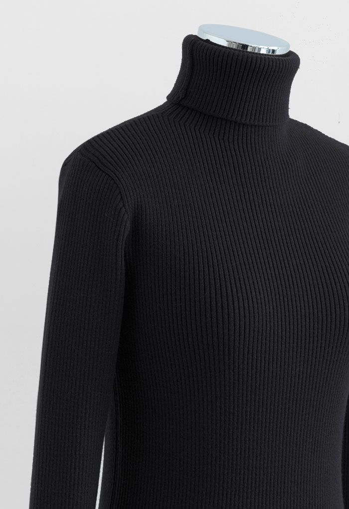 Turtleneck Long Sleeve Ribbed Knit Top in Black