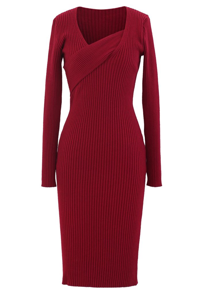 Surplice Wrap Front Ribbed Knit Dress in Red