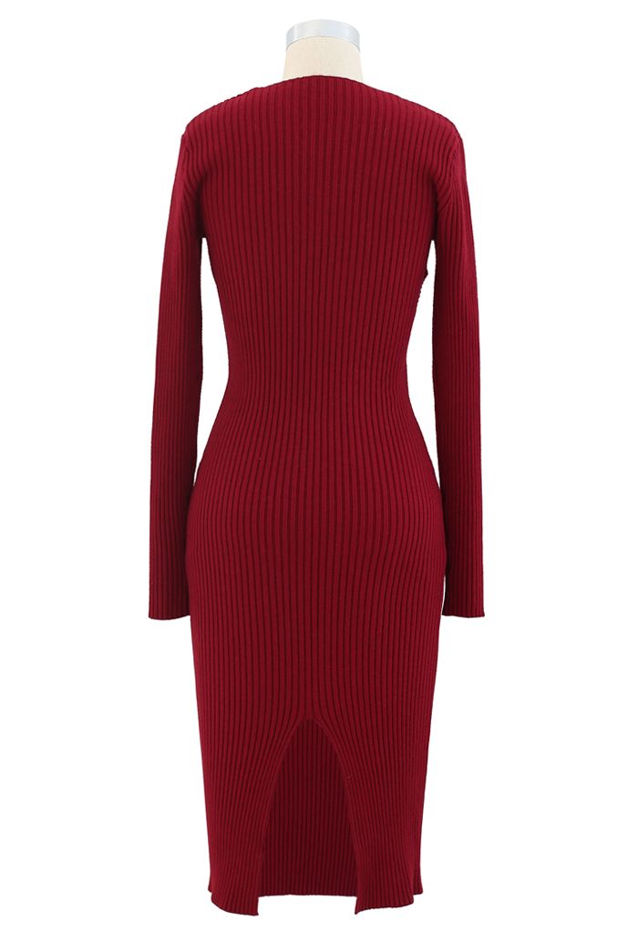 Surplice Wrap Front Ribbed Knit Dress in Red