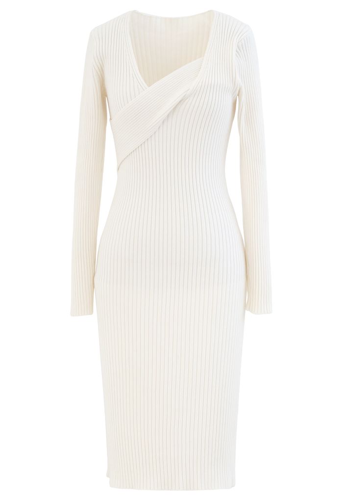 Surplice Wrap Front Ribbed Knit Dress in White