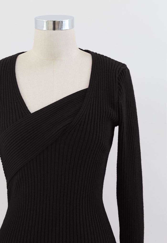 Surplice Wrap Front Ribbed Knit Dress in Black