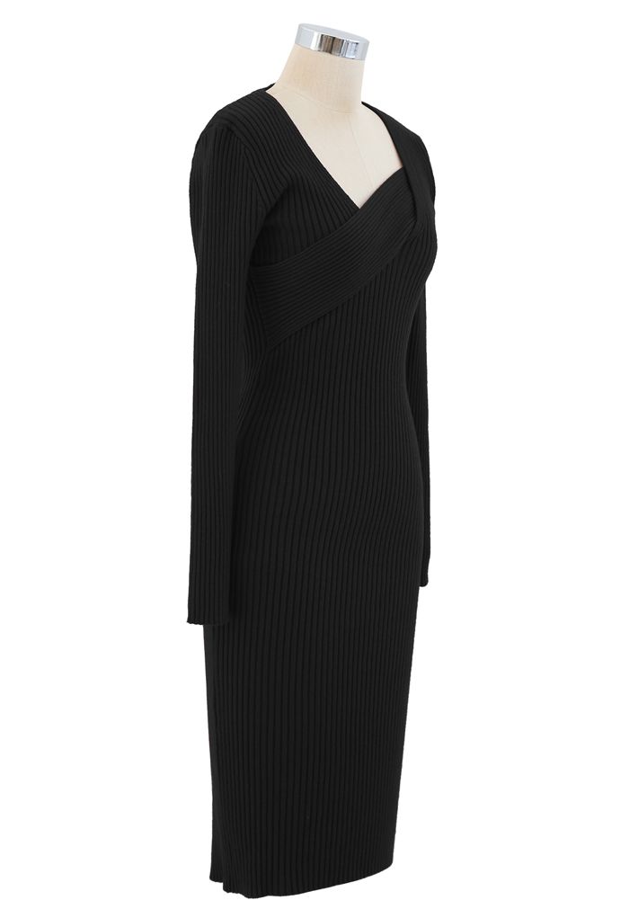 Surplice Wrap Front Ribbed Knit Dress in Black