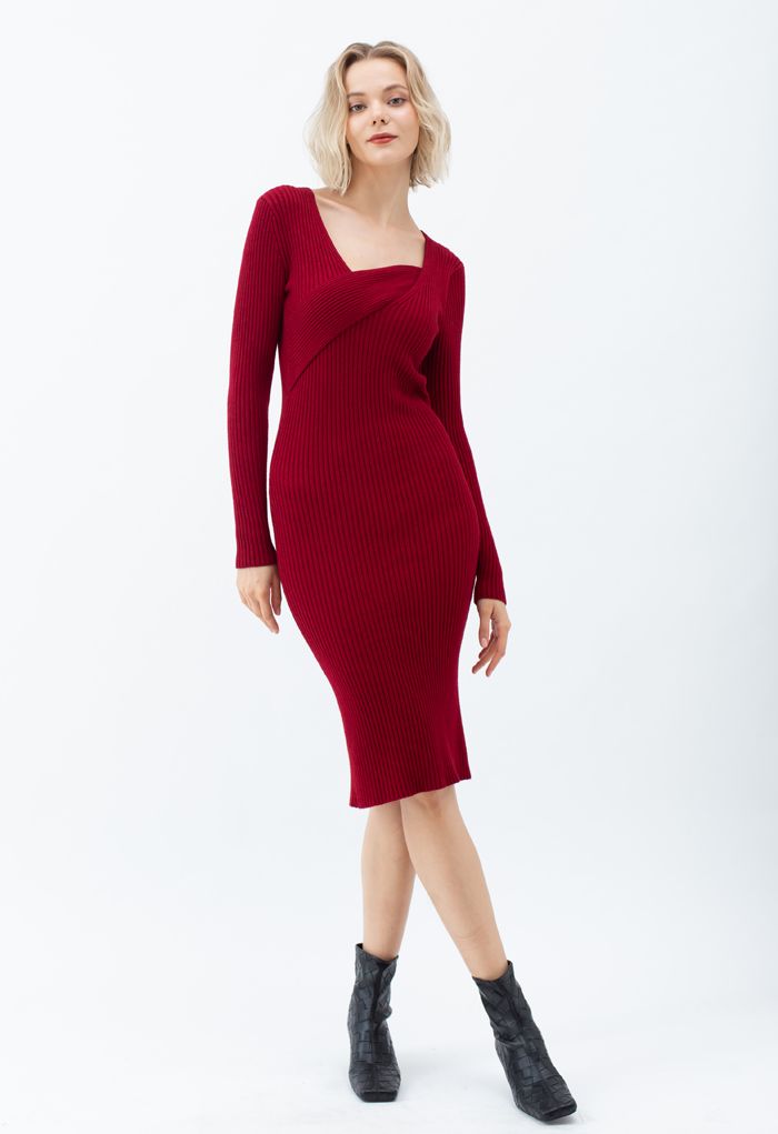 Surplice Wrap Front Ribbed Knit Dress in Red