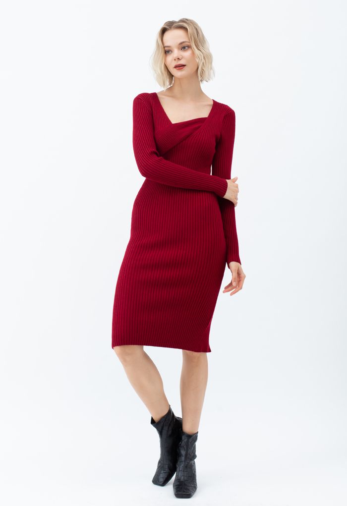 Surplice Wrap Front Ribbed Knit Dress in Red