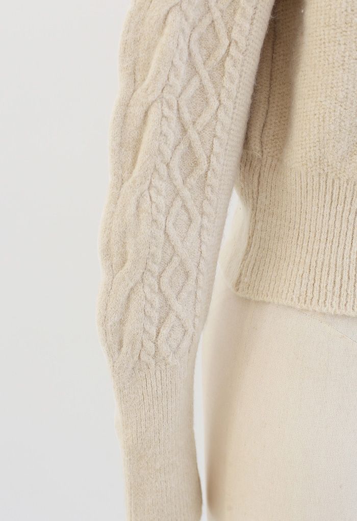 Cropped Square Neck Braid Knit Sweater in Sand