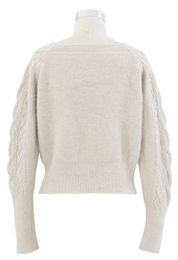 Cropped Square Neck Braid Knit Sweater in Ivory