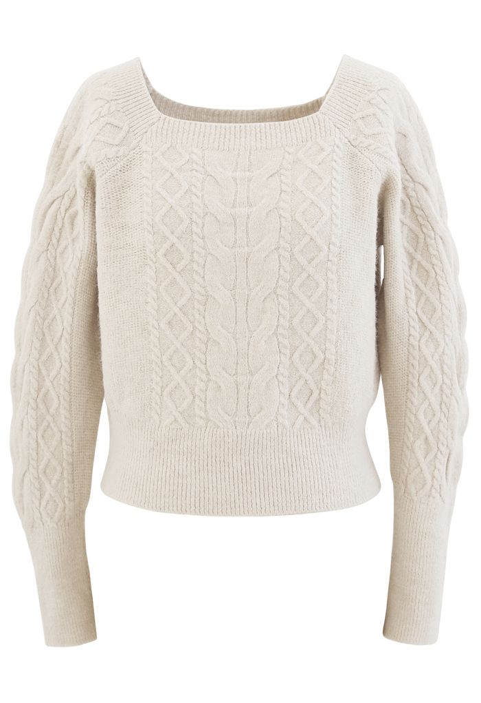 Cropped Square Neck Braid Knit Sweater in Ivory