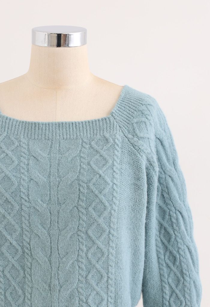 Cropped Square Neck Braid Knit Sweater in Turquoise