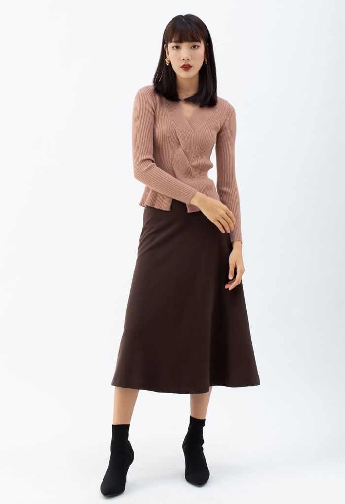 High Waist Basic Seamed Midi Skirt in Brown