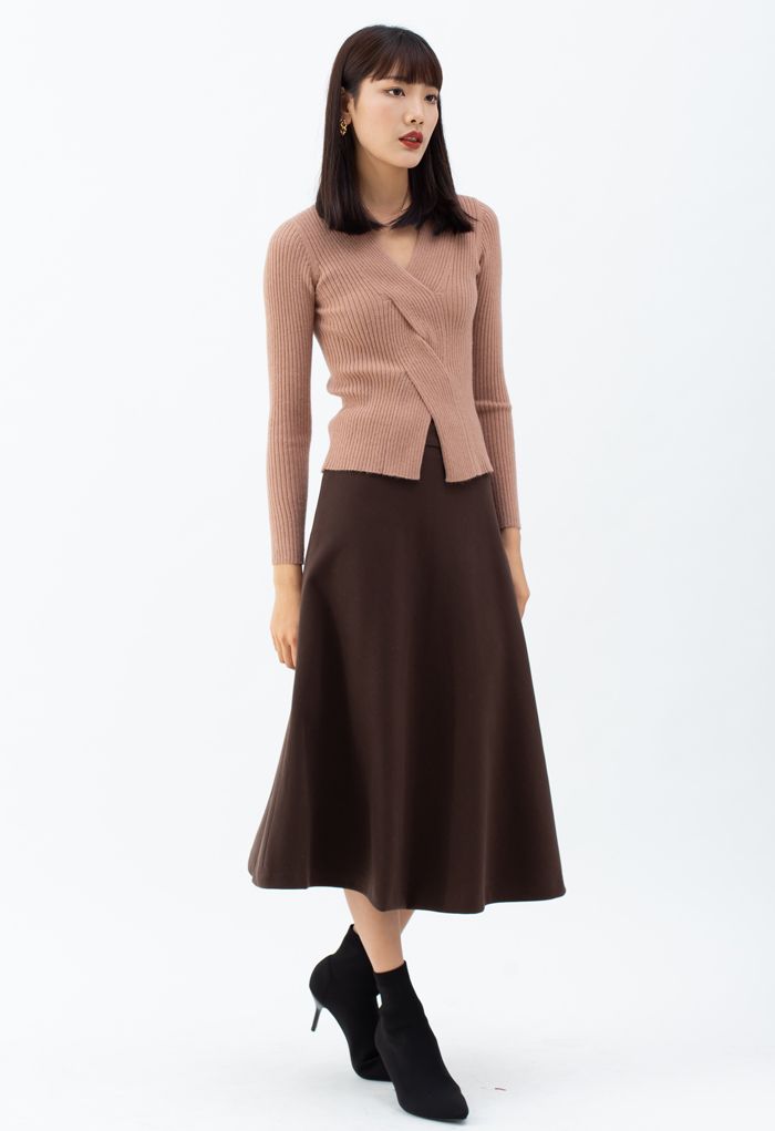 High Waist Basic Seamed Midi Skirt in Brown