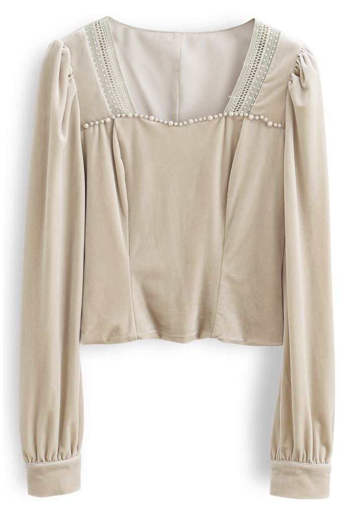 Beads Square Neck Velvet Crop Top in Sand