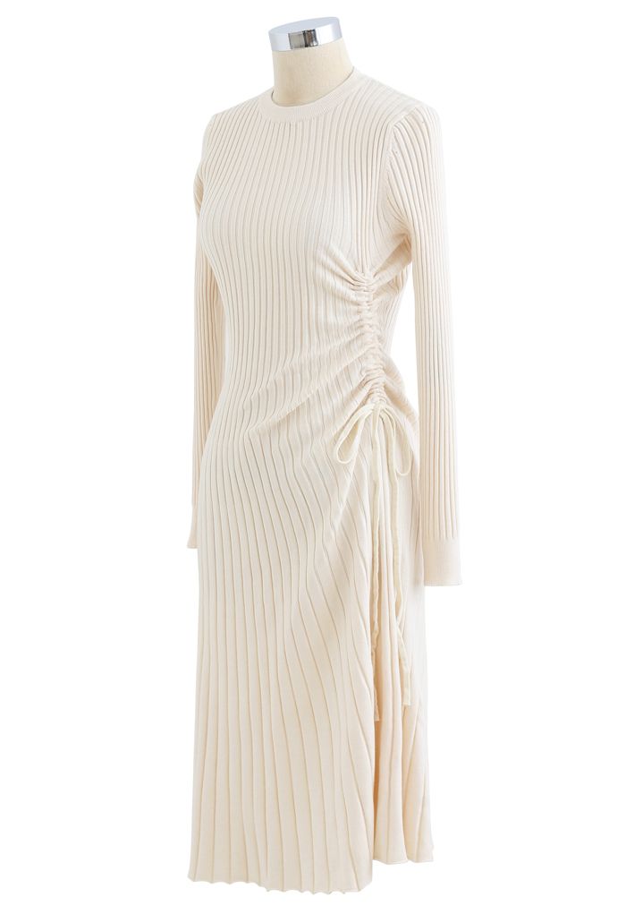 Side Drawstring Ribbed Knit Midi Dress in Ivory