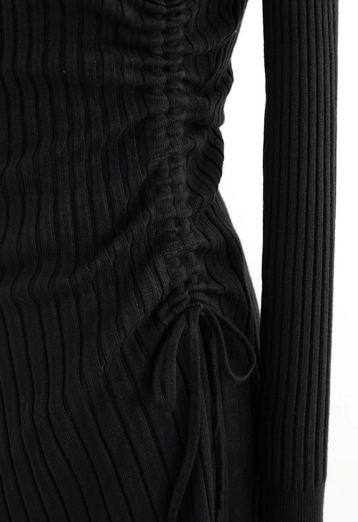 Side Drawstring Ribbed Knit Midi Dress in Black