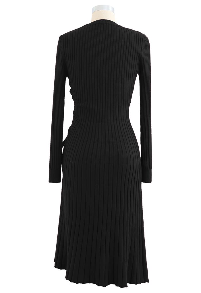 Side Drawstring Ribbed Knit Midi Dress in Black