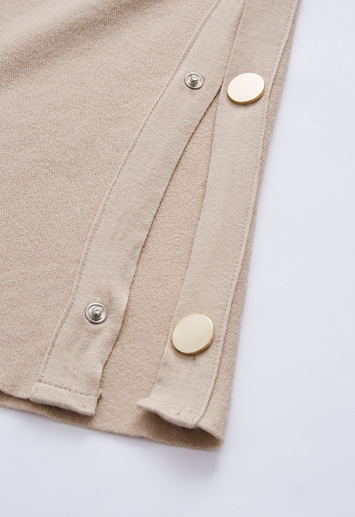 Side Buttoned Flap High Neck Knit Poncho in Camel