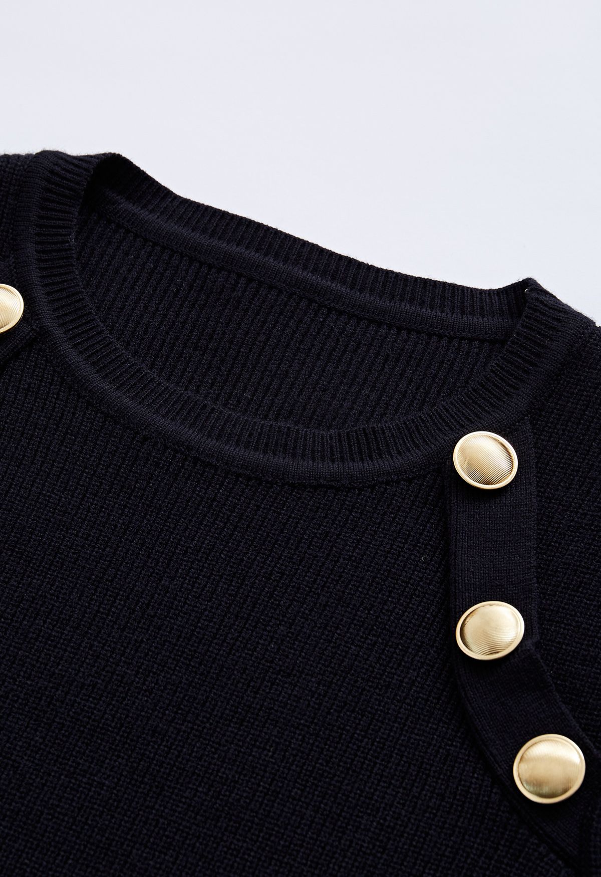 Bubble Sleeves Button Trimmed Knit Top in Black