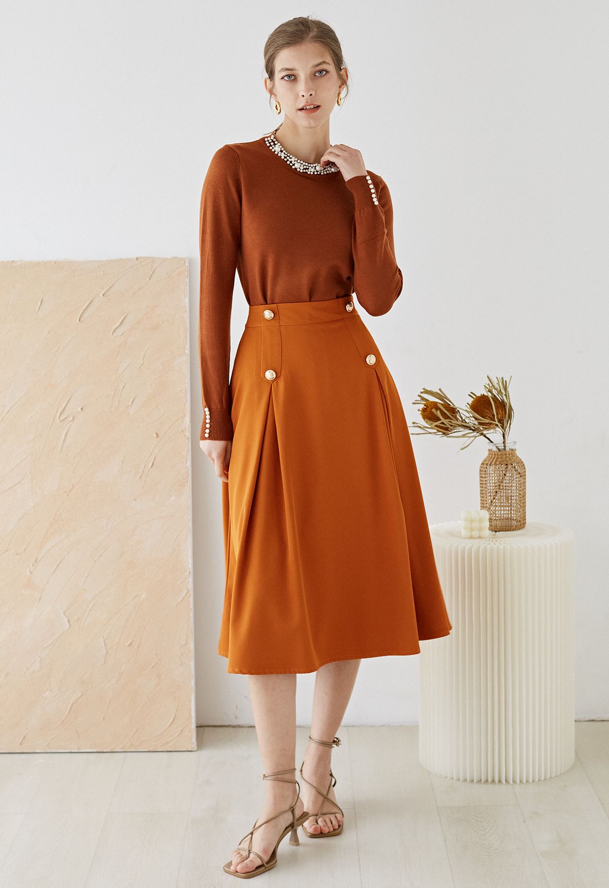 Buttoned Pleated A-Line Skirt in Pumpkin