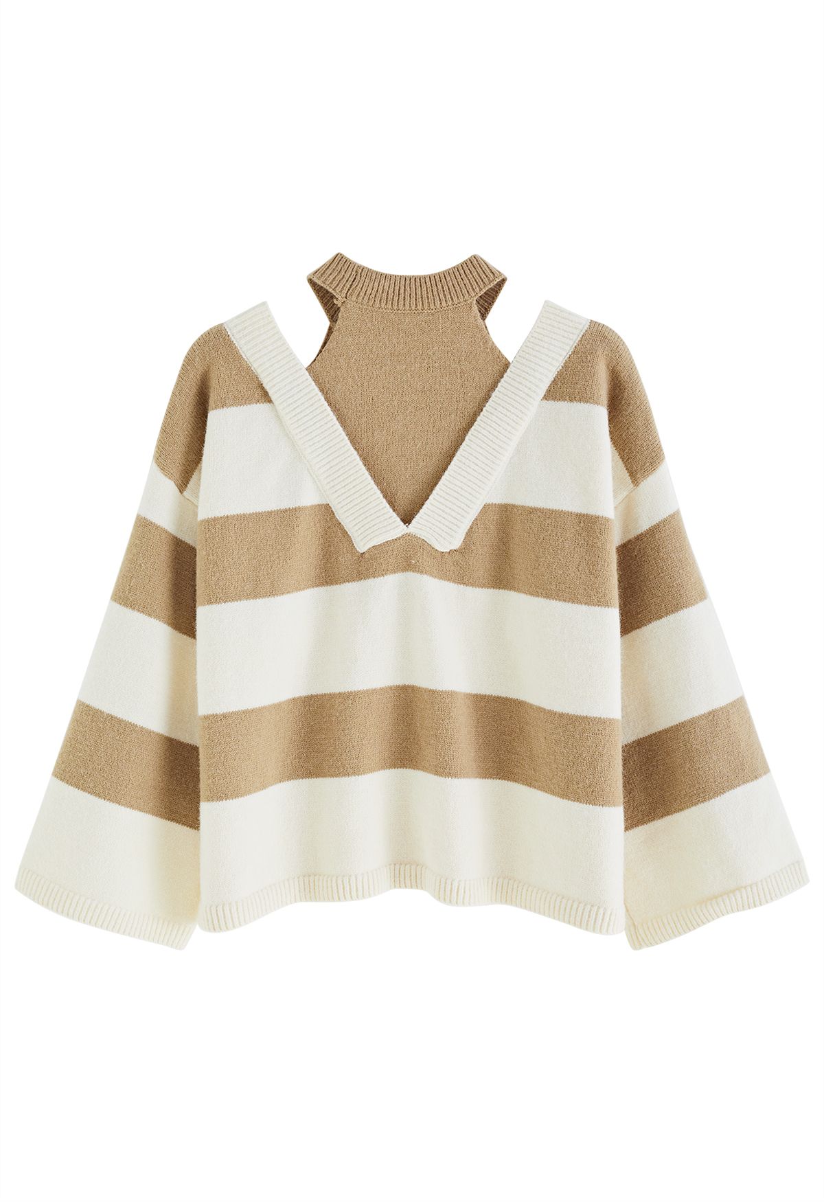 Fake Two-Piece Cold-Shoulder Striped Sweater in Camel