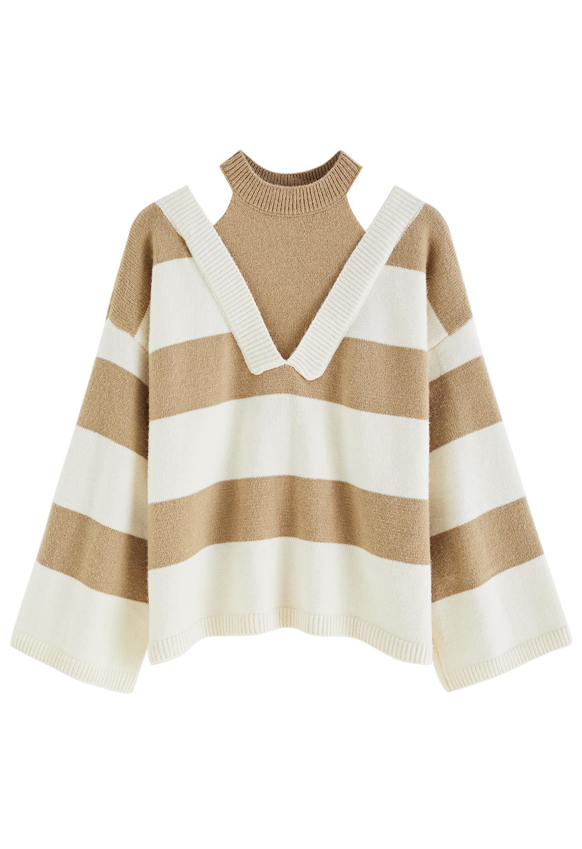 Fake Two-Piece Cold-Shoulder Striped Sweater in Camel