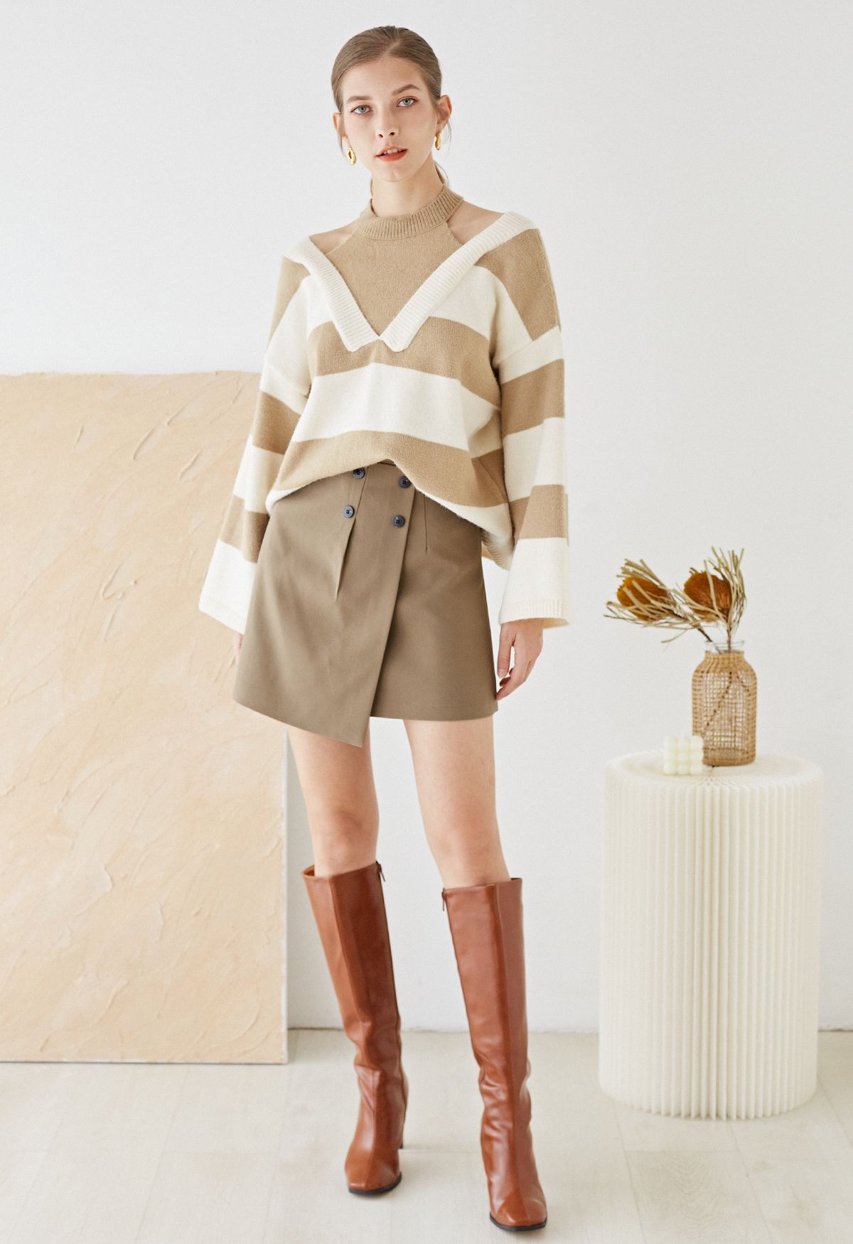 Fake Two-Piece Cold-Shoulder Striped Sweater in Camel