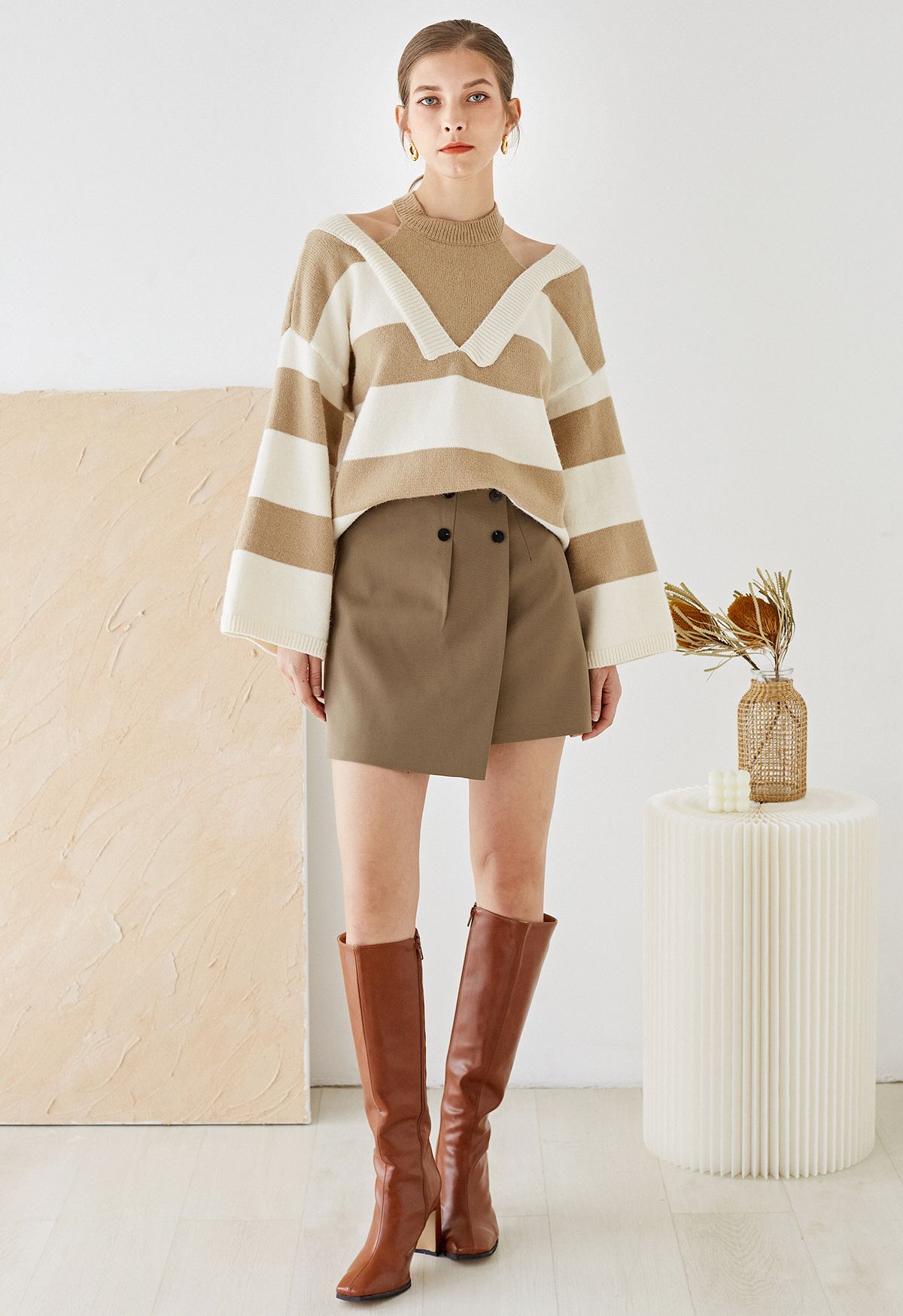 Fake Two-Piece Cold-Shoulder Striped Sweater in Camel