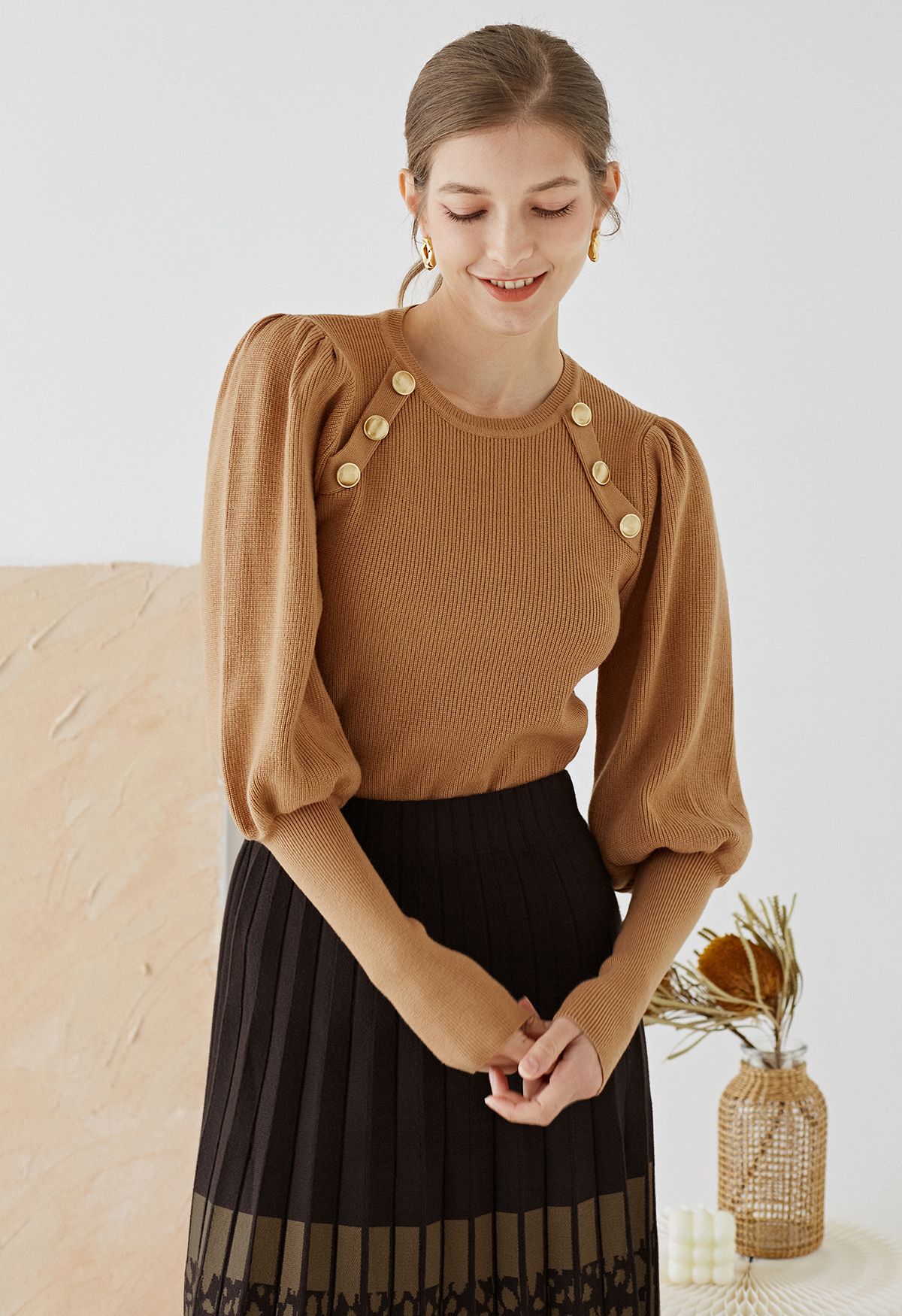 Bubble Sleeves Button Trimmed Knit Top in Tan