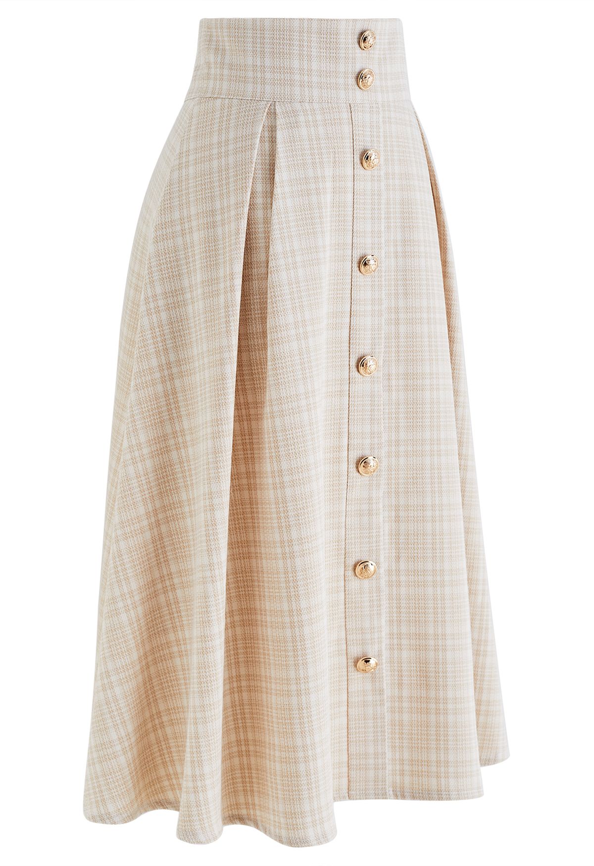 Plaid Tweed Button Trim Pleated Midi Skirt in Apricot