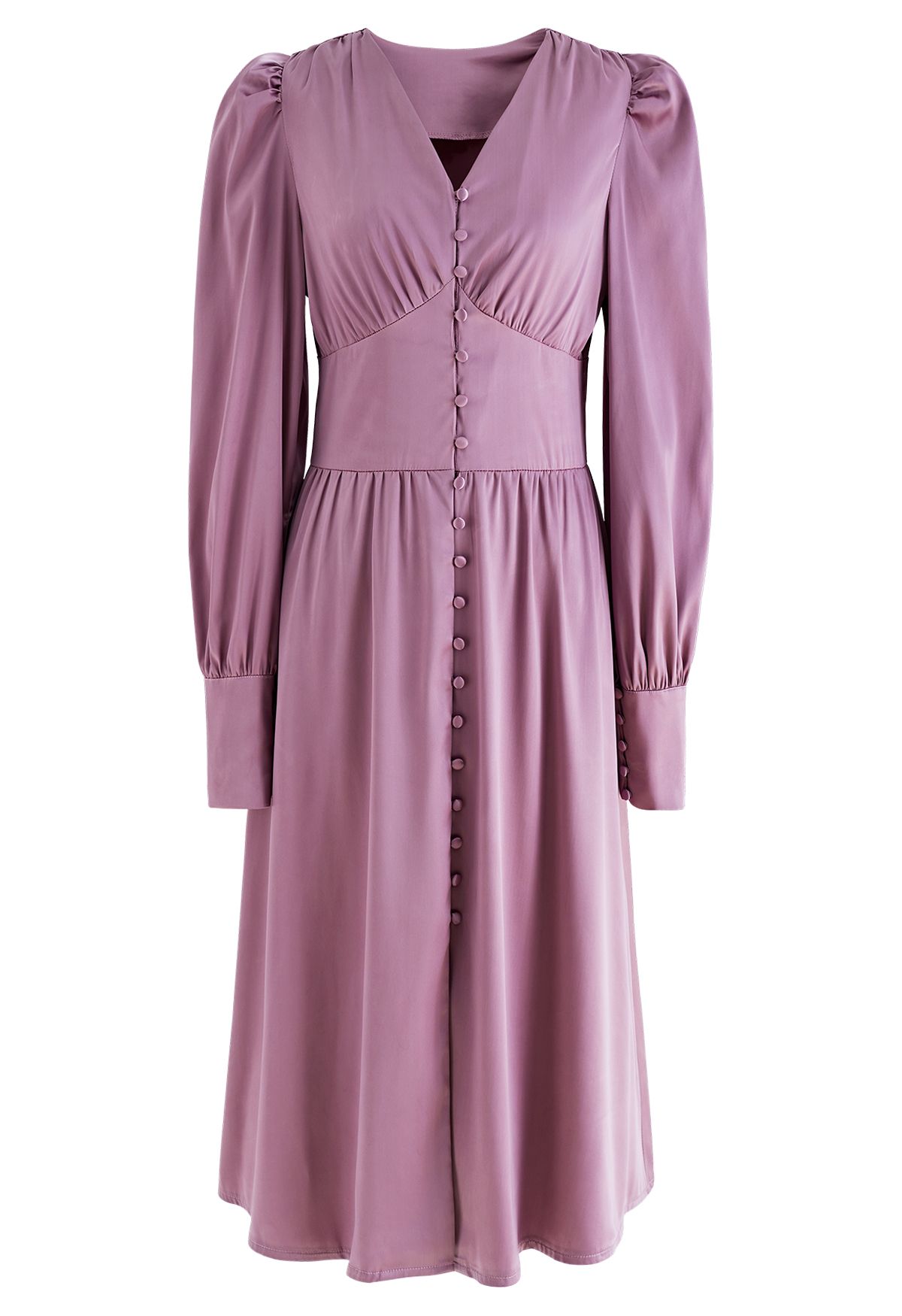 Puff Sleeves Button Up Satin Midi Dress in Lilac