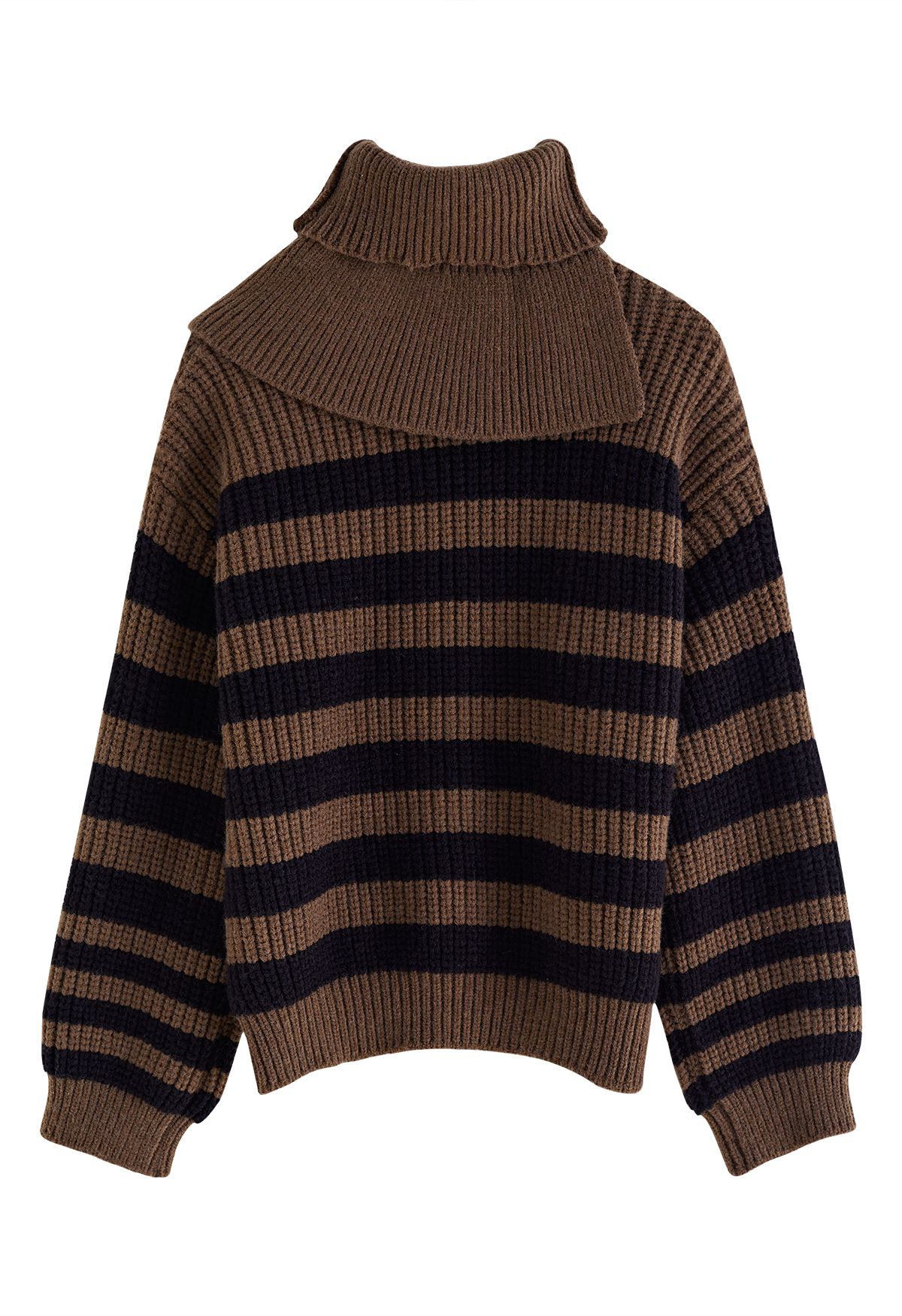 Detachable Scarf Striped Knit Sweater in Brown