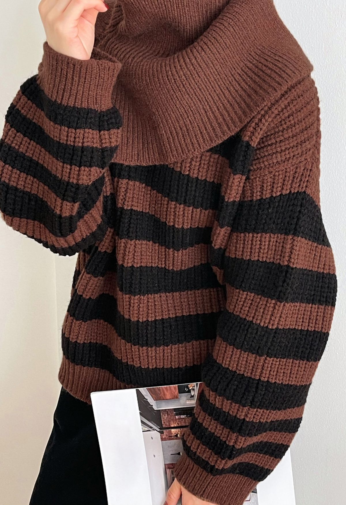 Detachable Scarf Striped Knit Sweater in Brown