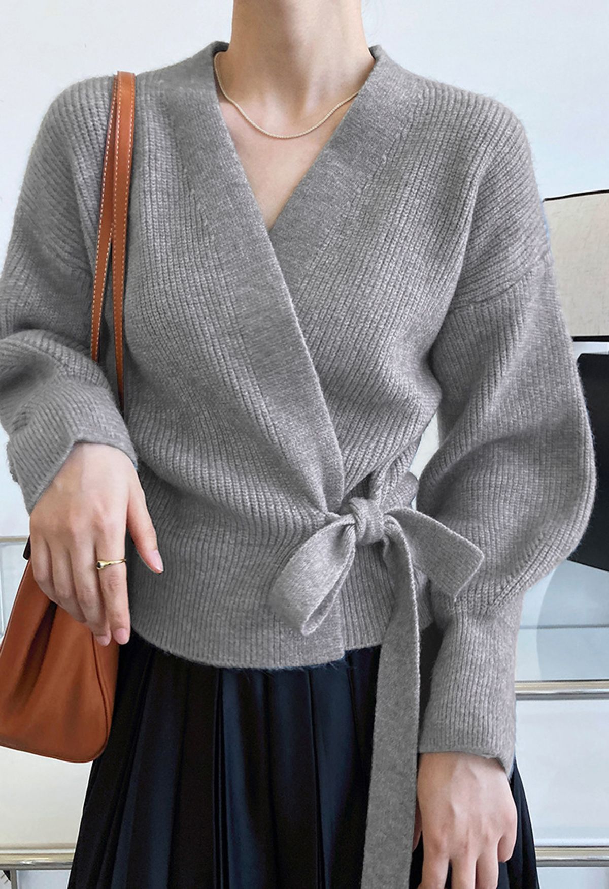 Self-Tie Bowknot Wrap Knit Top in Grey