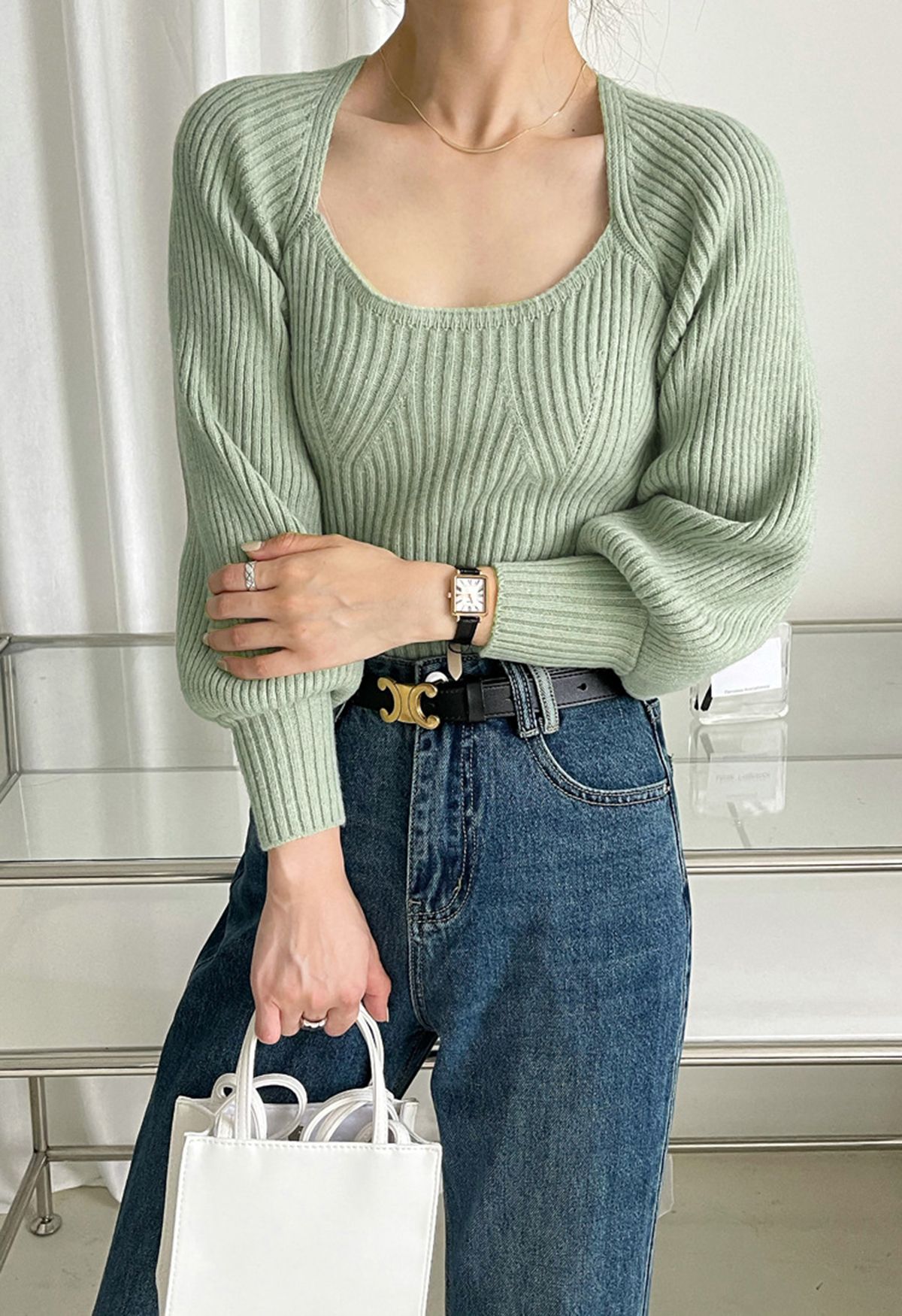 Wide Round Neck Rib Knit Top in Mint