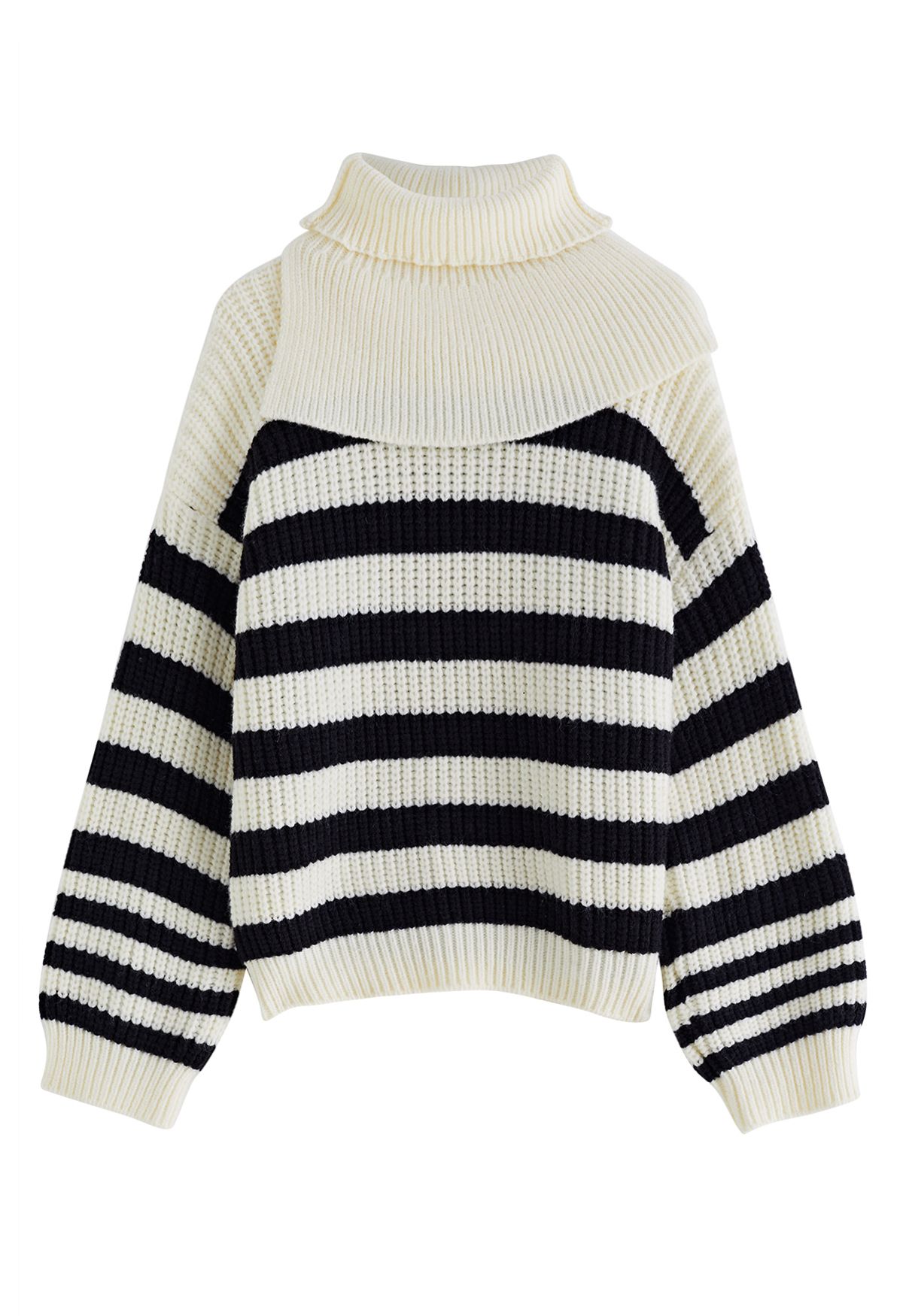 Detachable Scarf Striped Knit Sweater in Ivory