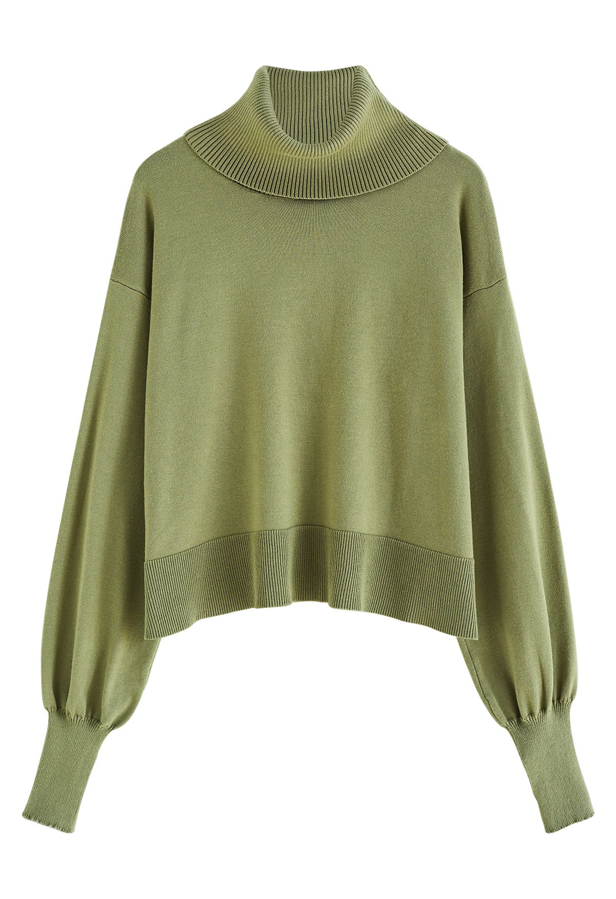 Turtleneck Side Buttons Slouchy Knit Top in Moss Green