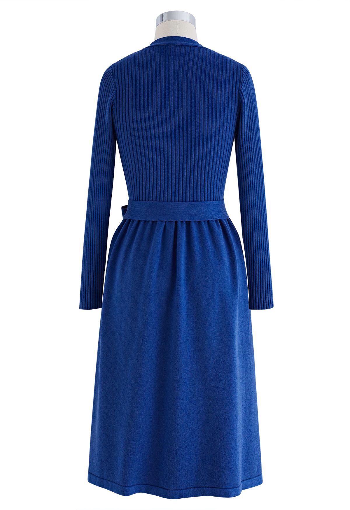 V-Neck Bowknot Waist Buttoned Knit Dress in Indigo