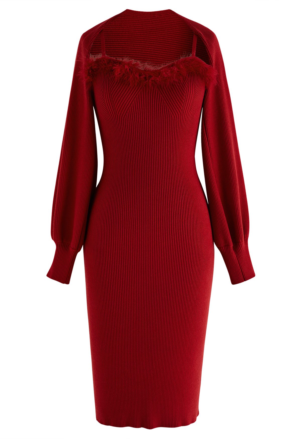 Feathered Ribbed Knit Twinset Dress in Burgundy