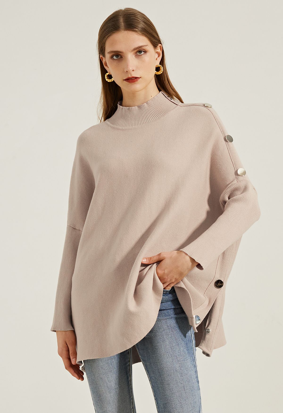 Side Buttoned Flap High Neck Knit Poncho in Camel