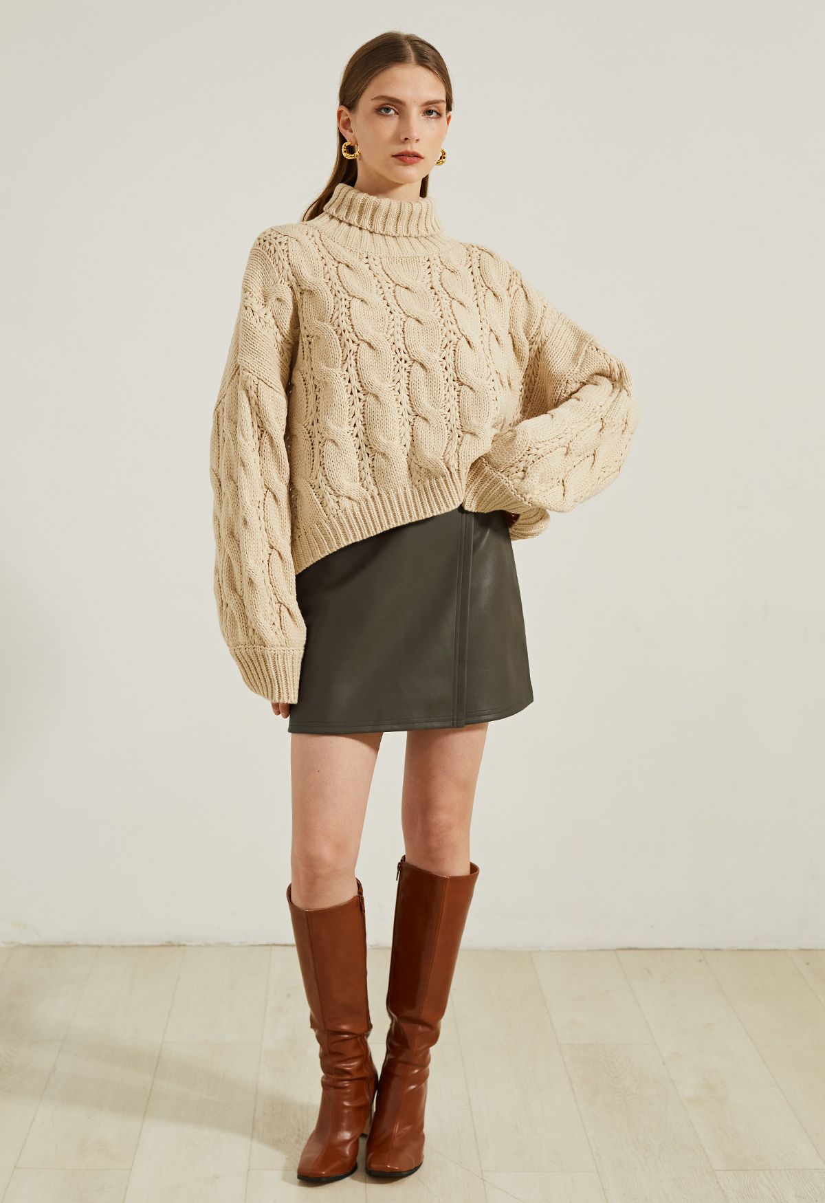 Nifty Faux Leather Flap Mini Bud Skirt in Olive