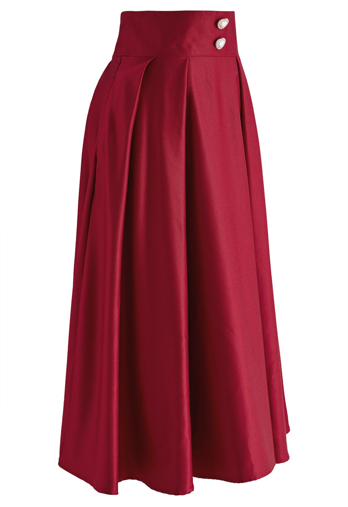 Pearl Heart Buttoned A-Line Midi Skirt in Red