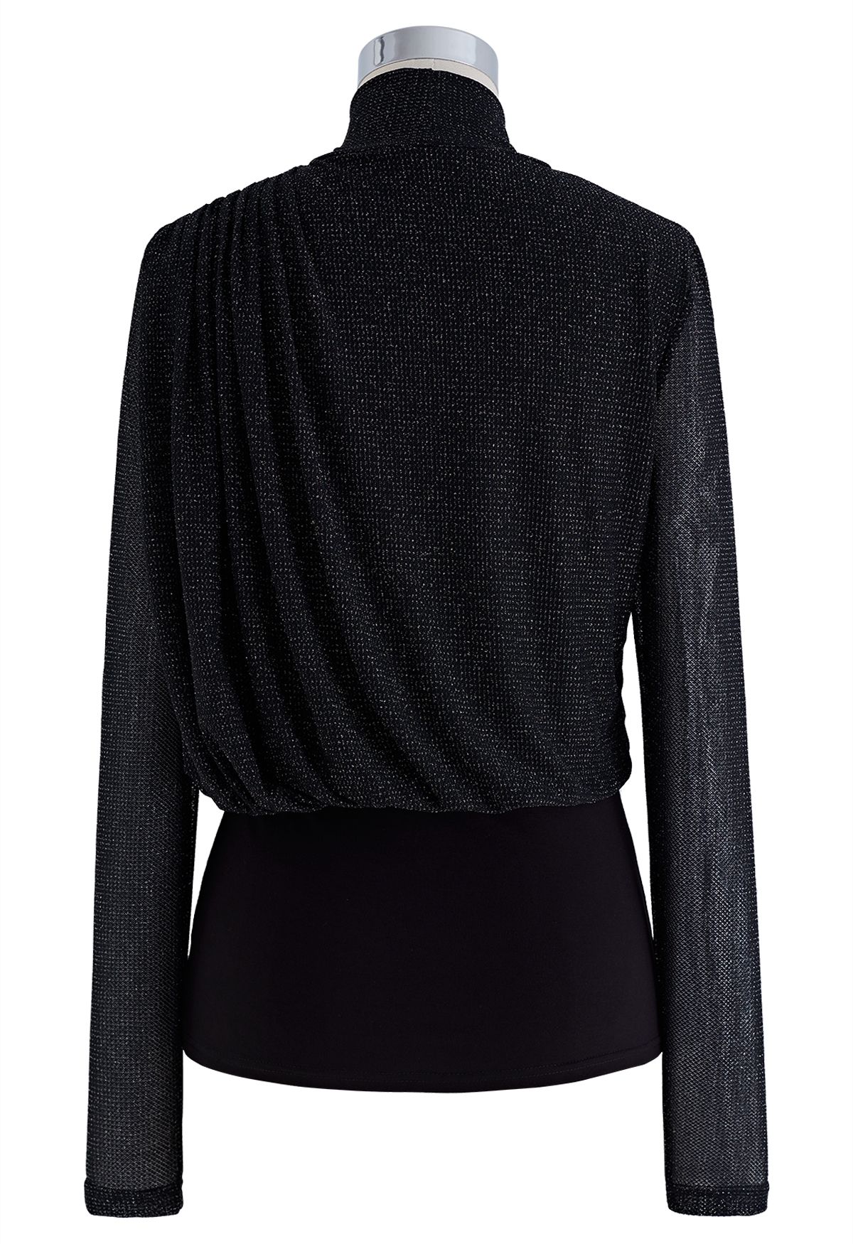 Gleam High Neck Spliced Ruched Top in Black