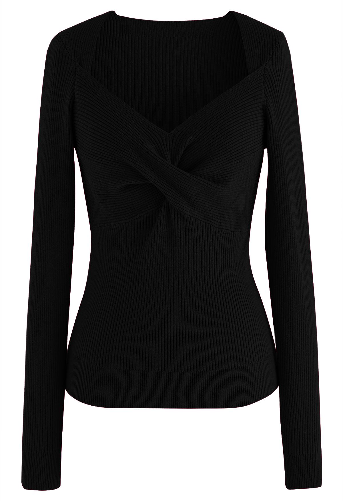 Sweetheart Twist Front Ribbed Knit Top in Black