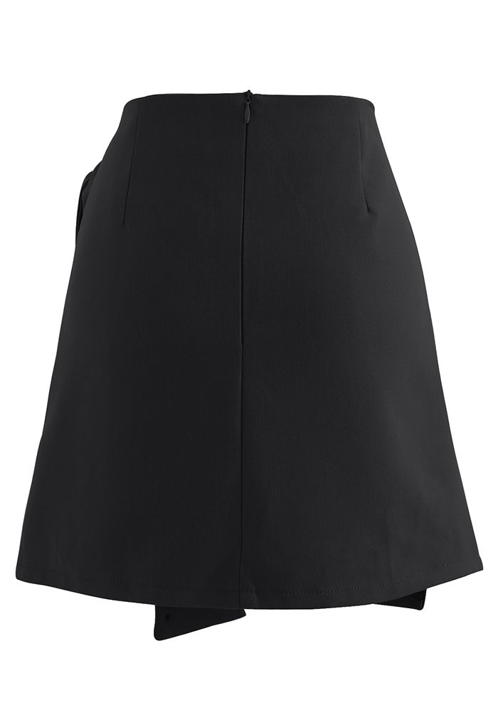 Tie Waist Flap Front Mini Skirt in Black