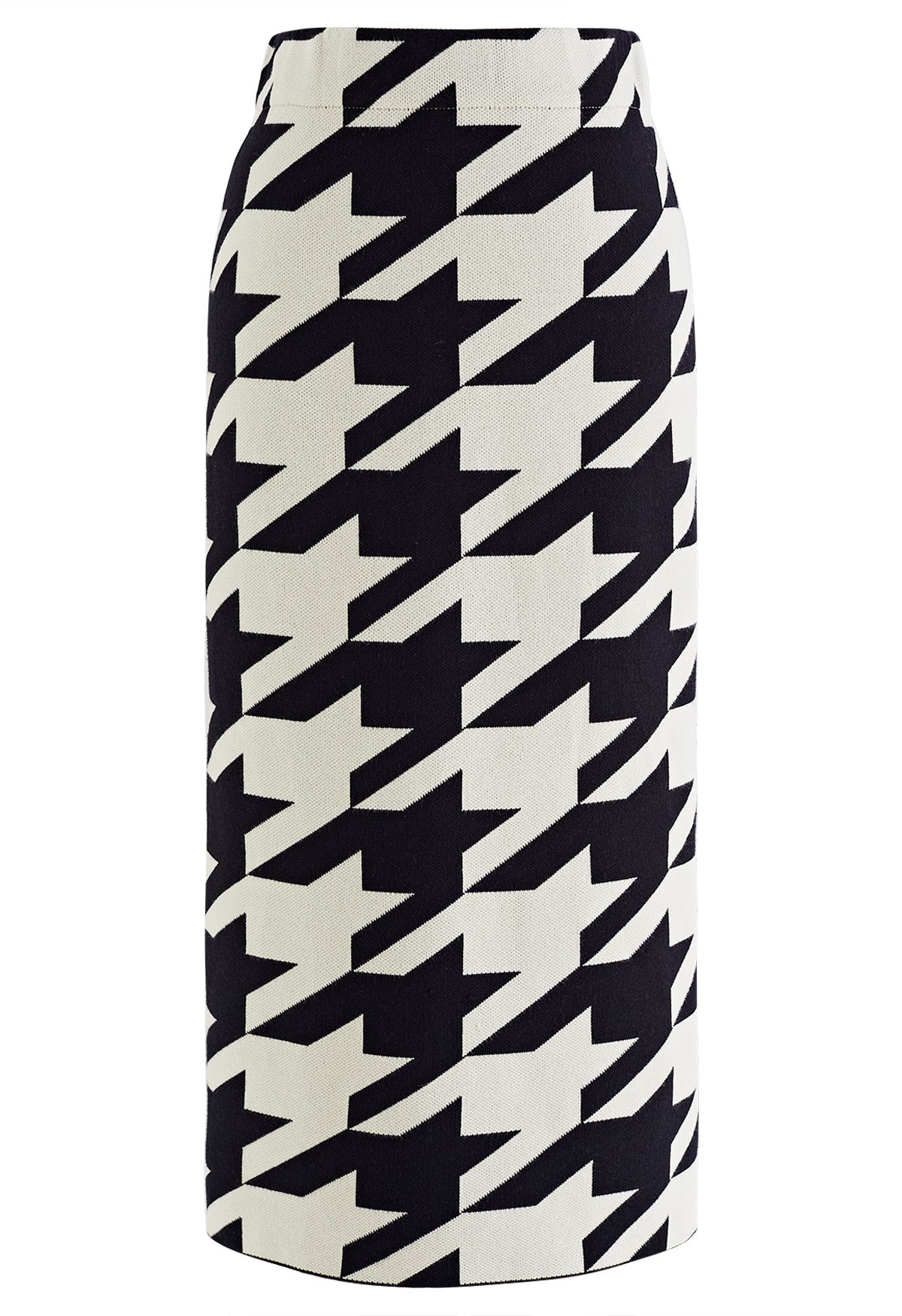 Houndstooth Pattern Back Slit Pencil Skirt in White