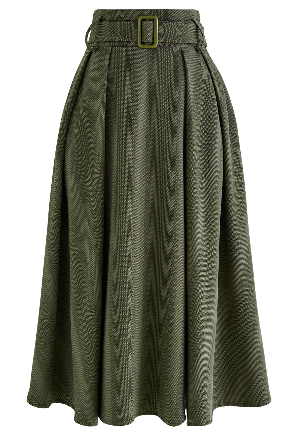 Belted Texture Flare Midi Skirt in Olive