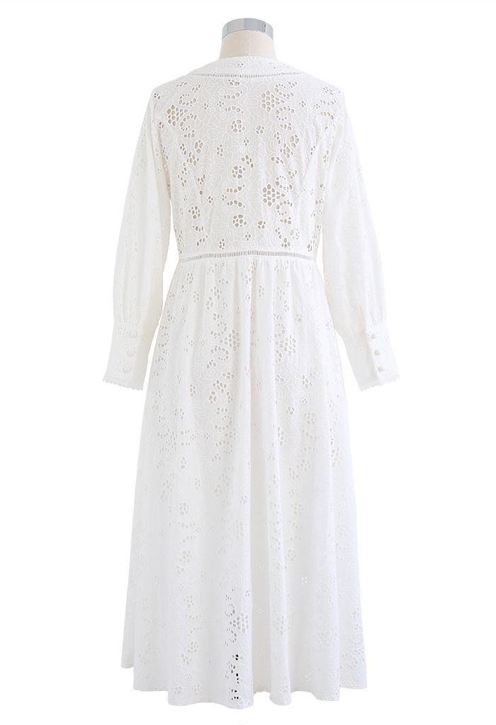 Solid White Embroidery Eyelet Midi Dress