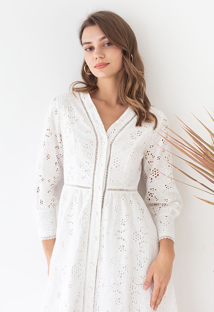 Solid White Embroidery Eyelet Midi Dress