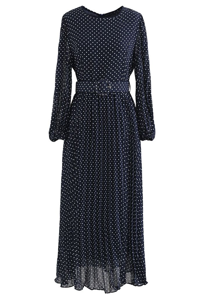 Polka Dots Belted Chiffon Maxi Dress in Navy